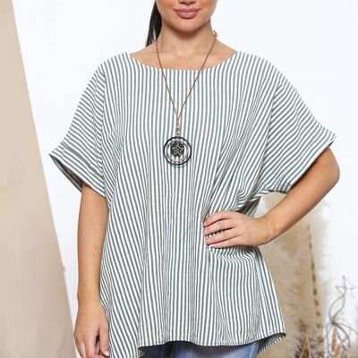 Khaki stripe pattern top with necklace