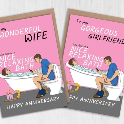 Divertente biglietto di anniversario per moglie o fidanzata: ti meriti un bel bagno rilassante