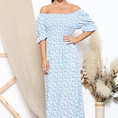 Robe fleurie à volants et épaules dénudées bleu bébé