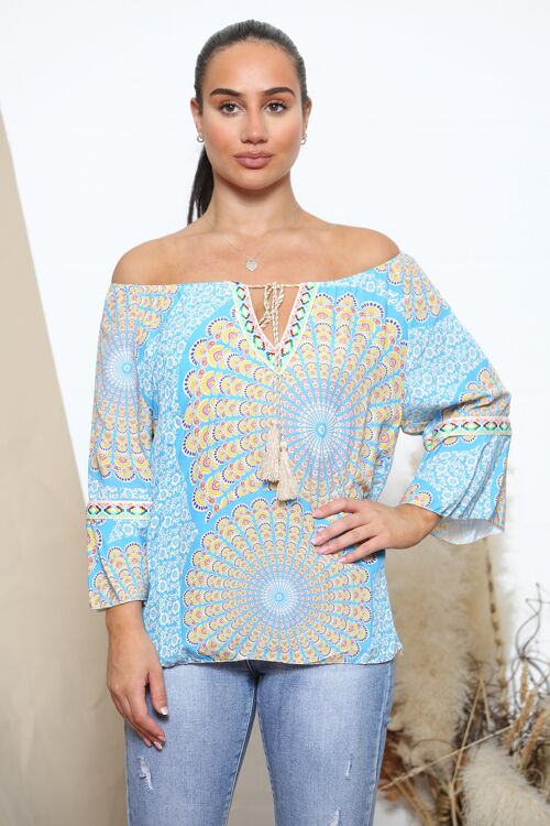 Blue psychedelic pattern off the shoulder top