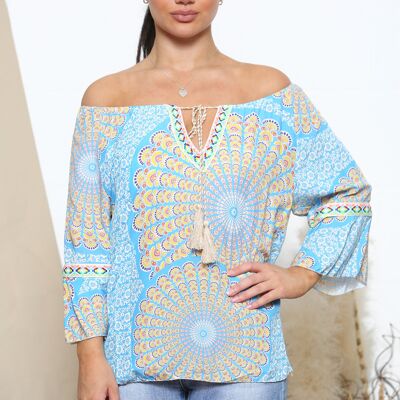 Blue psychedelic pattern off the shoulder top