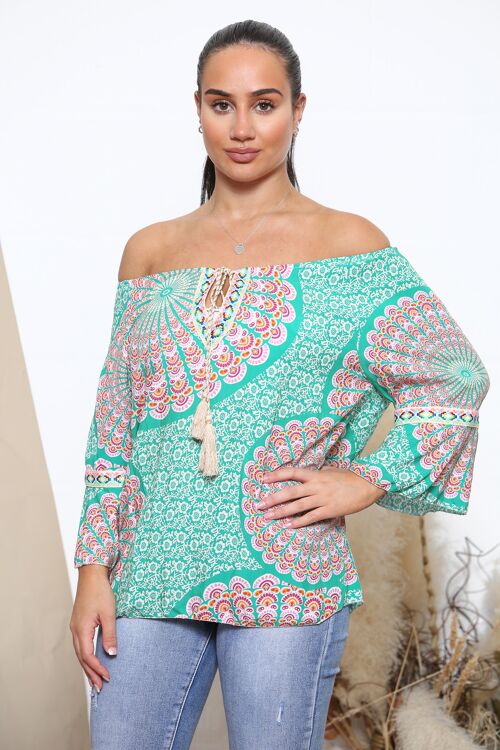 Green psychedelic pattern off the shoulder top