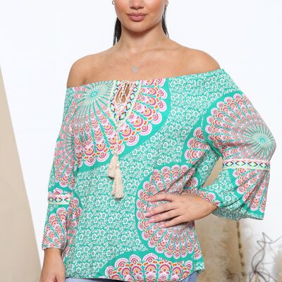 Green psychedelic pattern off the shoulder top