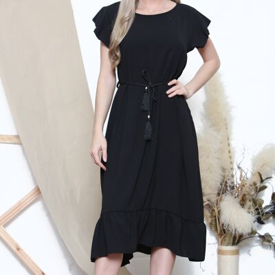 Robe midi noire à manches courtes avec ceinture en corde