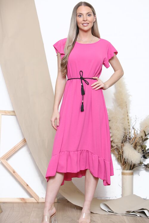 Fuchsia short sleeve midi dress with rope belt