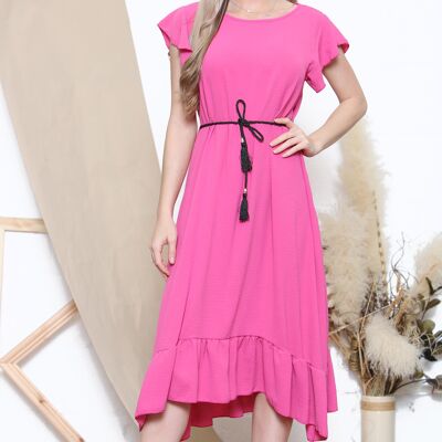 Fuchsia short sleeve midi dress with rope belt