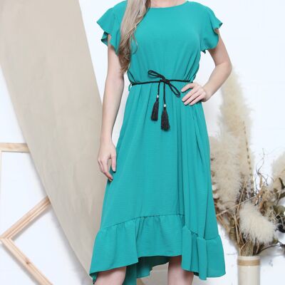 Robe midi verte à manches courtes avec ceinture en corde