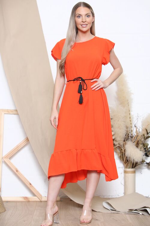 Orange short sleeve midi dress with rope belt