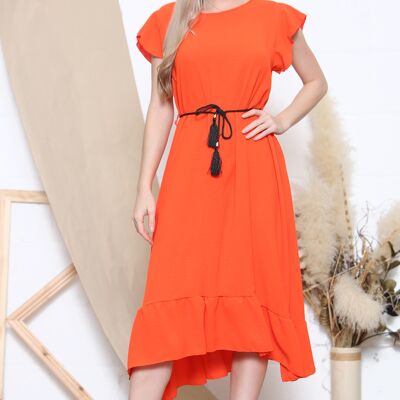 Orange short sleeve midi dress with rope belt