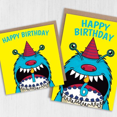 Tarjeta de cumpleaños de monstruo para niños de 1 a 6 años.