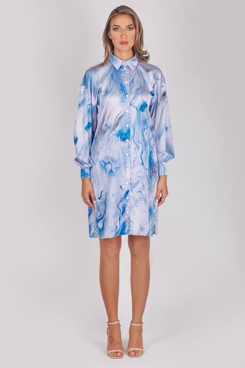 Long satin shirt with delicate blue watercolour print