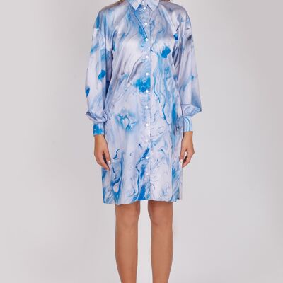 Long satin shirt with delicate blue watercolour print