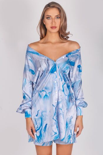 Chemise longue en satin au délicat imprimé aquarelle bleu 7