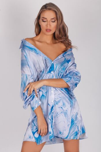 Chemise longue en satin au délicat imprimé aquarelle bleu 8