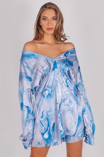 Chemise longue en satin au délicat imprimé aquarelle bleu 9