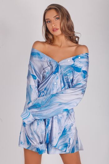 Chemise longue en satin au délicat imprimé aquarelle bleu 10