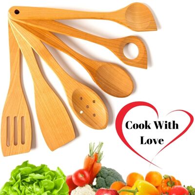 Mr. Woodware - 6 utensili da cucina in legno naturale da 12 pollici - Set di utensili da cucina sani
