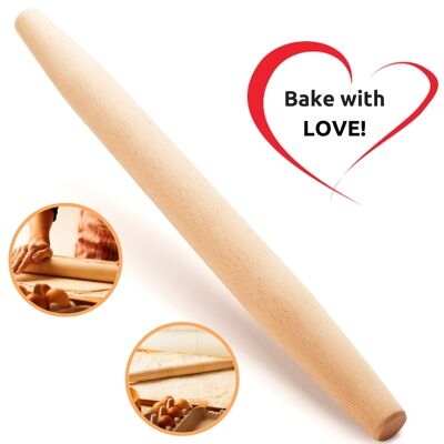 Mr. Woodware - French Wooden Rolling Pin 18″ x 1.55″ for Baking Pizza Pastry Dough, Pie Crust & Cookie