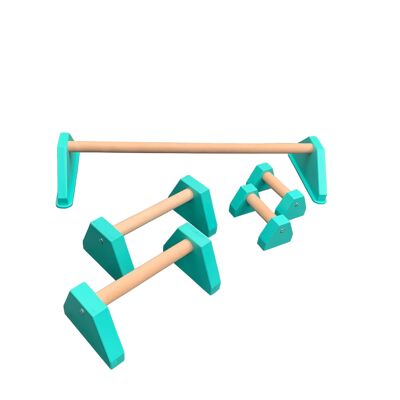 COMBO SET - Handstand Floor Bar plus Pair of Mini and Standard Paralettes - Turquoise Green (QBS583)