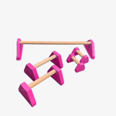 COMBO SET - Handstand Floor Bar plus Pair of Mini and Standard Paralettes - Hot Pink (QBS585)