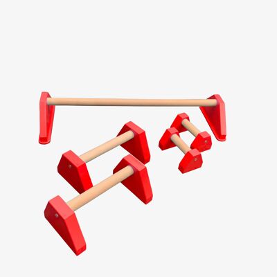 COMBO SET - Handstand Floor Bar plus Pair of Mini and Standard Paralettes - Red (QBS588)