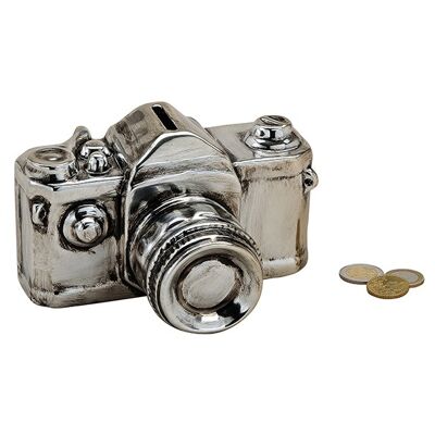 Spardose Kamera in silber aus Keramik, B16 x T12 x H10 cm