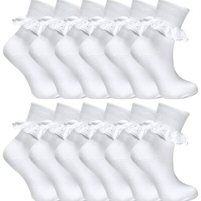 12 Pair Multipack White Frilly Lace Socks | 7 Sizes | Sock Snob | Girls Cute Cotton Rich School Socks Kids