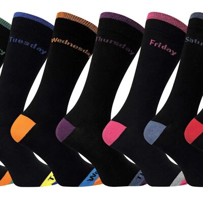 7 Pack Mens Black / Coloured Heel and Toe Day of the Week Cotton Socks