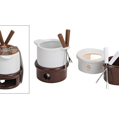 Schoko Fondue aus Keramik mit 2 Gabeln, 2-fach sortiert,ca. 180ml, B11 x T10 x H10 cm