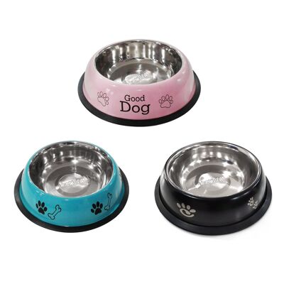 STAINLESS STEEL ANTI  SKID BELLY PANTONE WITH DESIGN PUPPY DISH D15.9*H3.9CM BLUE ,BLACK,PINK 07