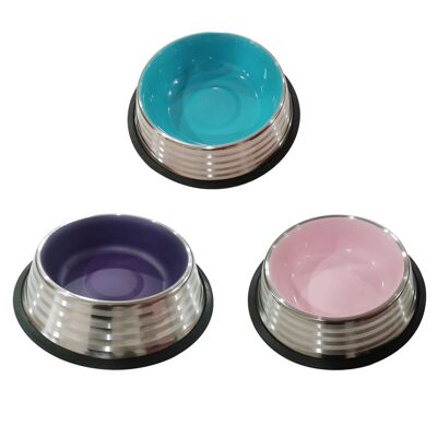 STAINLESS STEEL ANTI  SKID PANTONE INSIDE WITH STRIPES PUPPY DISH D15.9*H3.9CM BLUE ,PURPLE,PINK 06