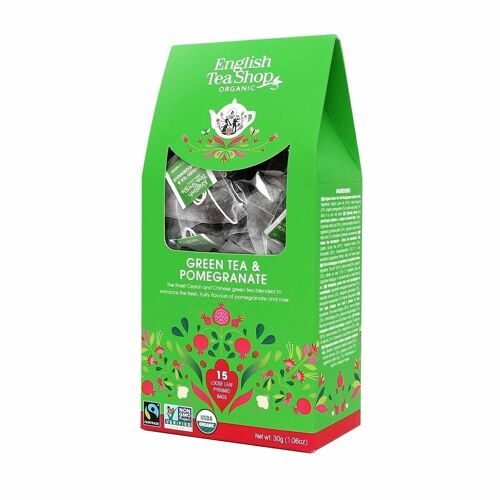 English Tea Shop - Grüner Tee Granatapfel, BIO, Fairtrade, 15 Pyramiden-Beutel in Papierbox