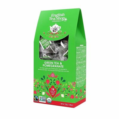English Tea Shop - Green Tea Pomegranate, organic, fair trade, 15 pyramid bags in a paper box
