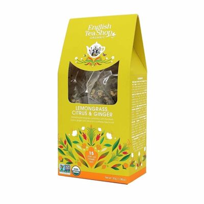 English Tea Shop - Citronnelle, Gingembre & Agrumes, BIO, 15 sachets pyramidaux dans une boîte en papier