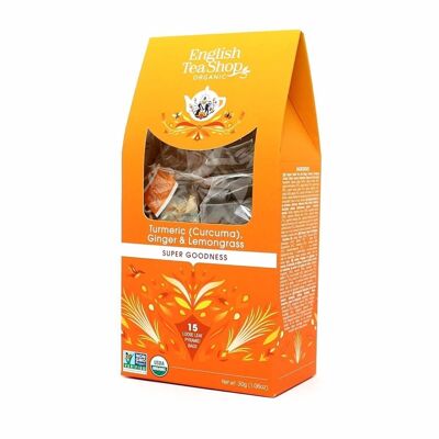 English Tea Shop - Cúrcuma, jengibre y limoncillo, ORGÁNICO, 15 bolsitas piramidales en una caja de papel