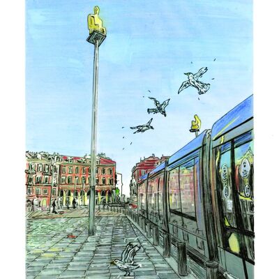 Kunstpostkarte - Nizza - Tram Reflections - Place Massena
