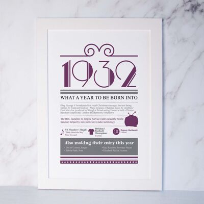 90th Birthday Gift 'Life in 1932' Print