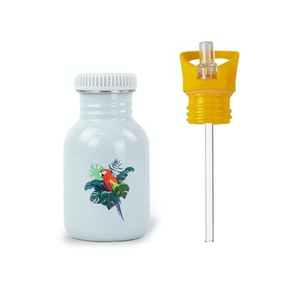 Kinder-Edelstahl-Trinkflasche 350 ml Papagei & der Verschluss mit integriertem Strohhalm