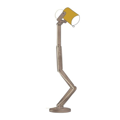 Lámpara de pie de madera color café, Hitchcock Practica con foco amarillo mostaza