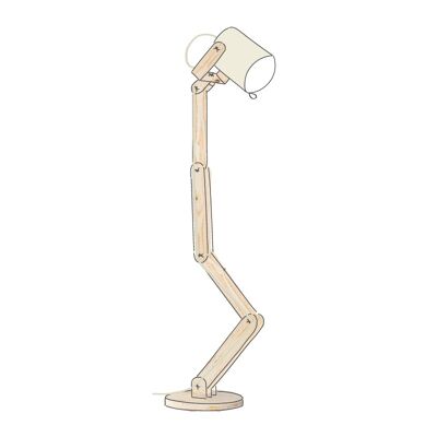 Natural wood floor lamp, Hitchcock Practica with off-white spotlight