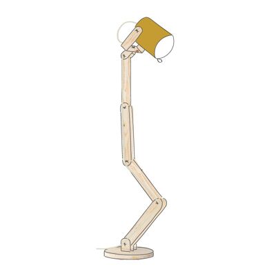 Natural wood floor lamp, Hitchcock Practica with mustard yellow spotlight