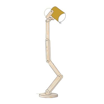 Lámpara de pie de madera natural, Hitchcock Practica con foco amarillo mostaza