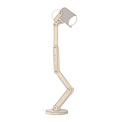 Natural wood floor lamp, Hitchcock Practica with koala gray spotlight