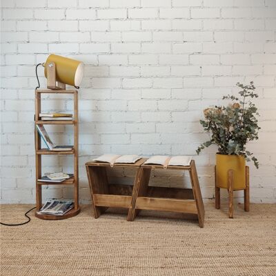 Hitchcock Shelves Brown Wood Floor Lamp with Mustard Yellow Bulb