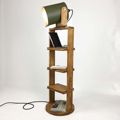 Brown Wood Floor Lamp, Hitchcock Shelves with Shire Green Bulb