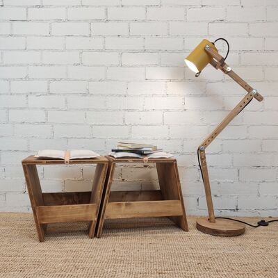 Brown wooden floor lamp, La Santa with mustard yellow spotlight