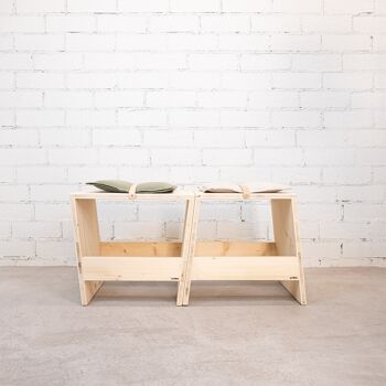 Tabouret en bois naturel et coussin en lin, blanc 2