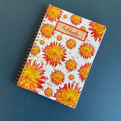 Dhalia A5 plain page notebook - orange dhali Notebook - pretty floral notebook