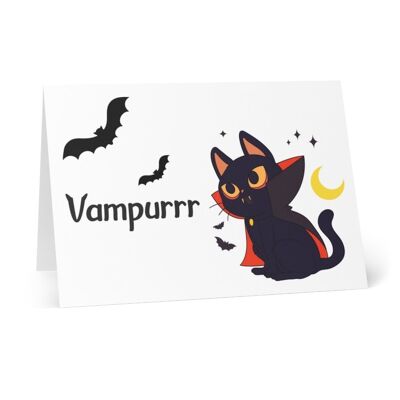 Halloween greeting card with black cat, Autumn card with cats on, black cat Vampurrr - Card blank inside