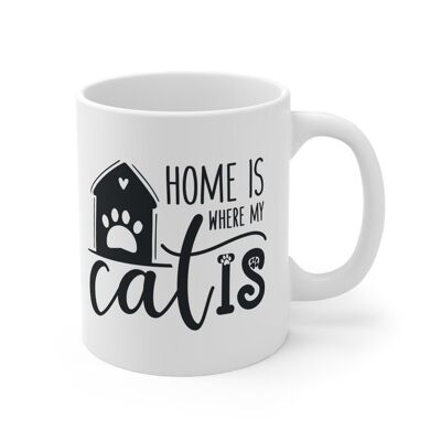 11oz coffee mug with black cats, home is where my cat is